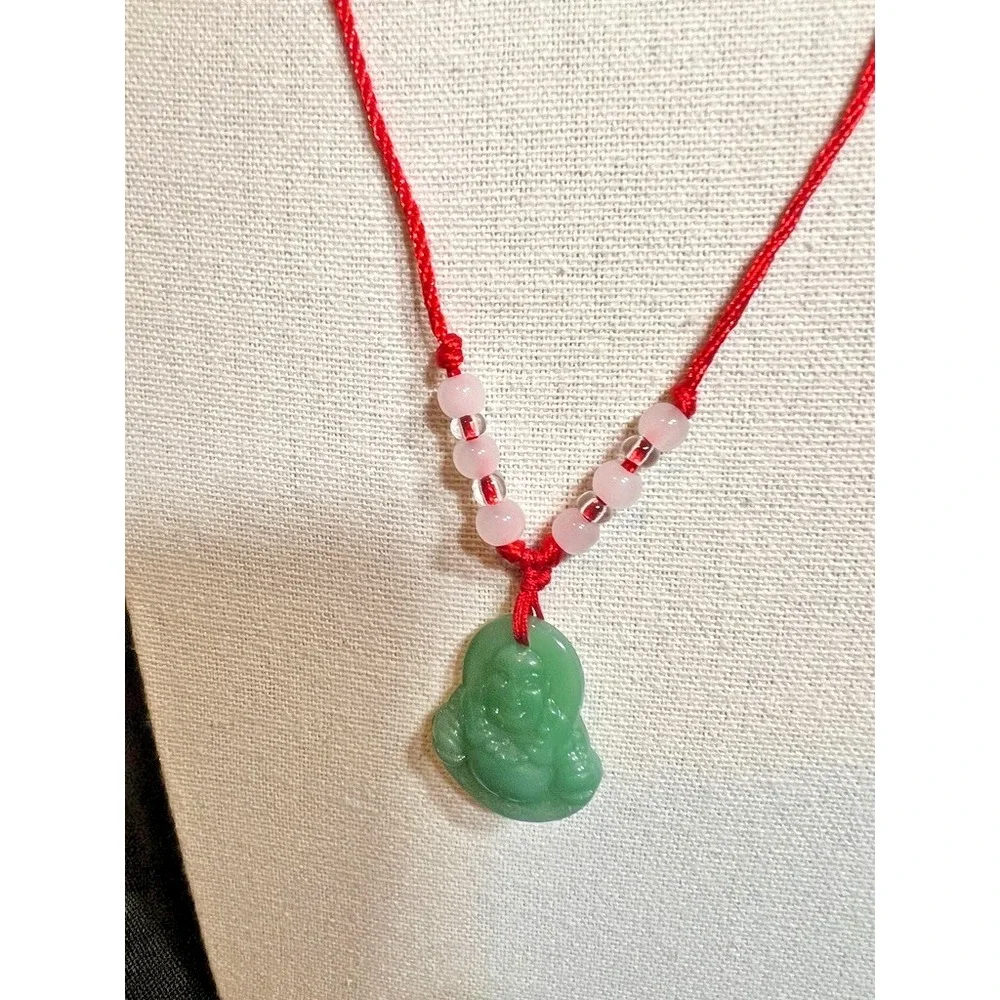 Green Buddha Pendant Necklace Red Cord Meditation Spiritual Jewelry Carved Adjst